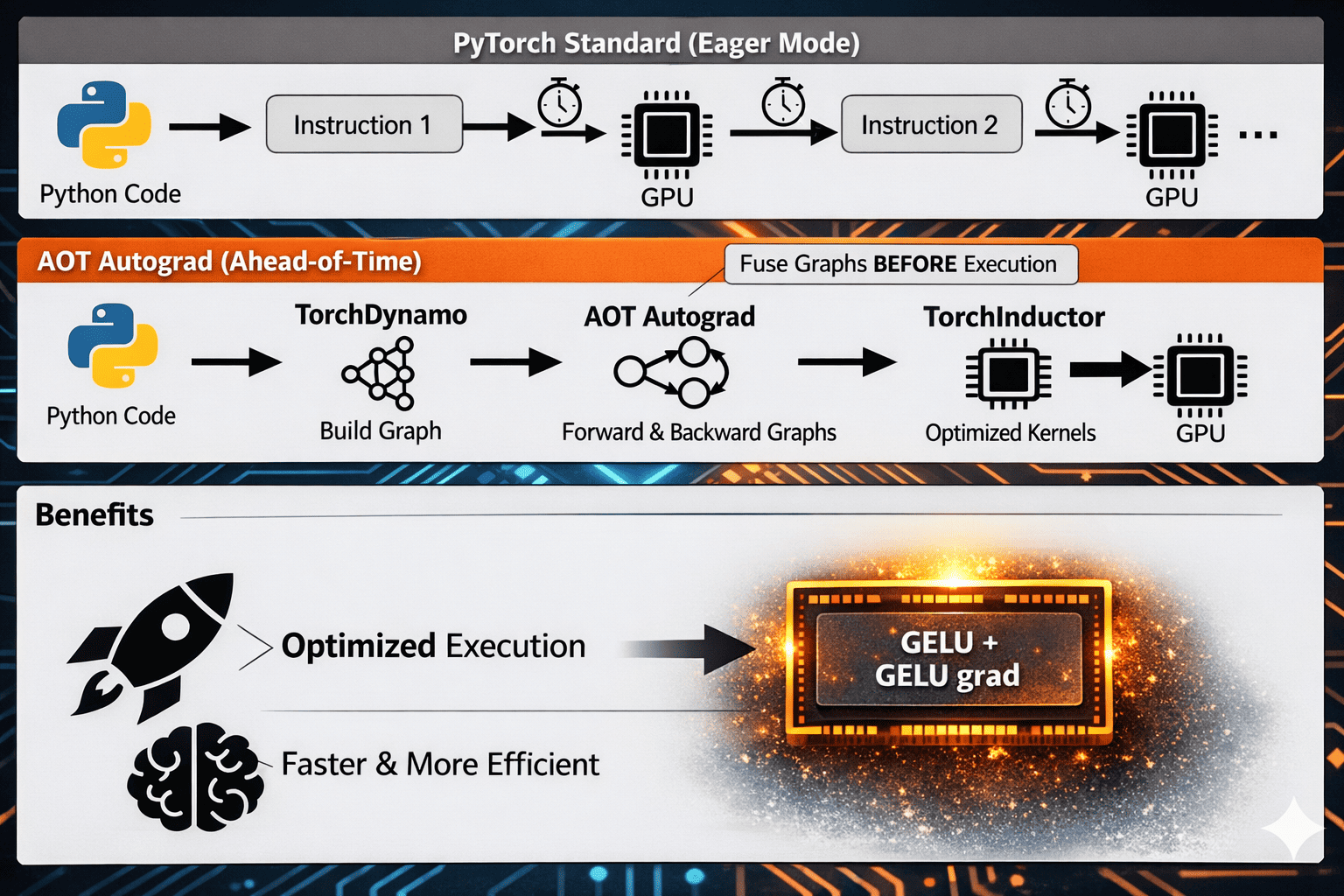 This infographic compares standard PyTorch eager execution with the Ahead-of-Time (AOT) Autograd compilation pipeline. In eager mode, Python instructions are executed step-by-step on the GPU, causing repeated kernel launches and higher overhead. With AOT Autograd, TorchDynamo first builds a computation graph, AOT Autograd stages forward and backward passes together, and TorchInductor generates optimized fused GPU kernels before execution. The result is faster, more efficient training with reduced memory movement and fewer kernel launches.