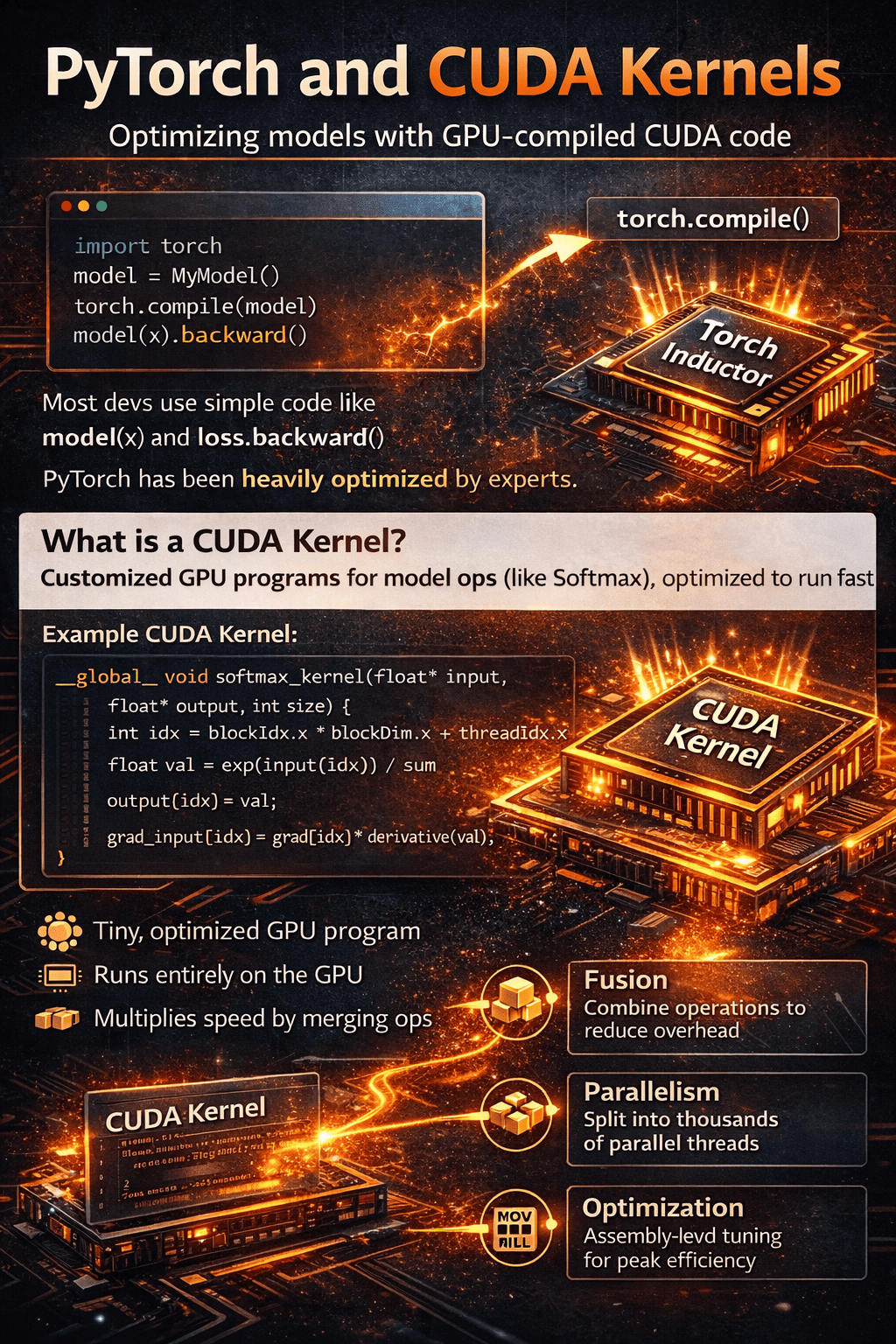 This infographic explains what a CUDA kernel is and why it is central to GPU performance in PyTorch. A CUDA kernel is a small, highly optimized program that runs directly on the GPU to execute operations like softmax or matrix multiplication in massive parallel threads. By fusing multiple operations, reducing memory movement, and tuning execution at a low level, CUDA kernels significantly accelerate deep learning workloads and enable efficient training and inference.